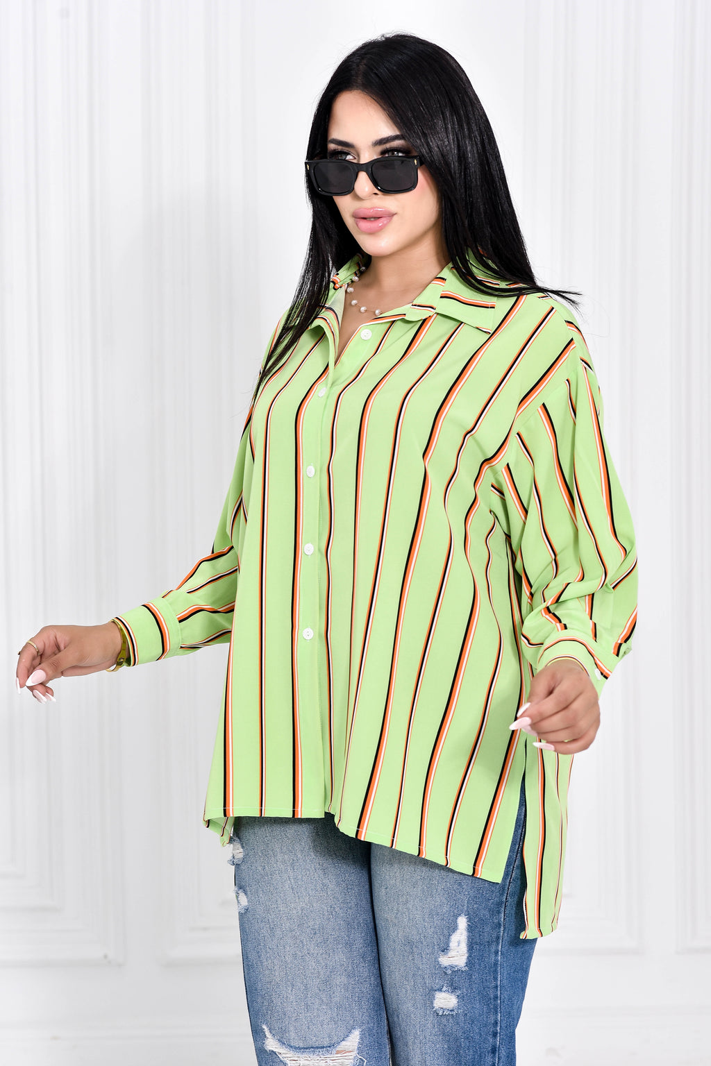 Light Green Classic Striped Blouse