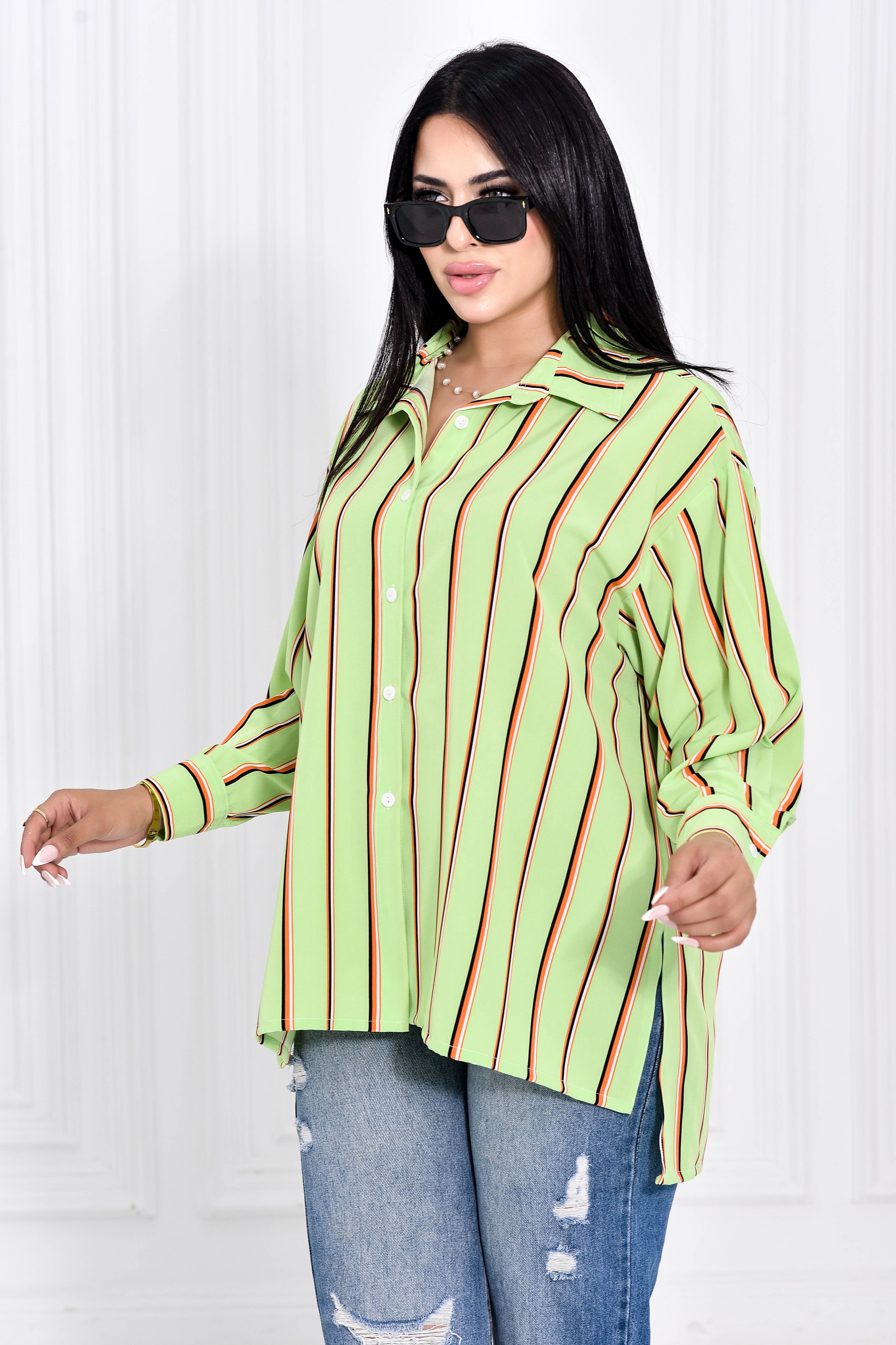Light Green Classic Striped Blouse