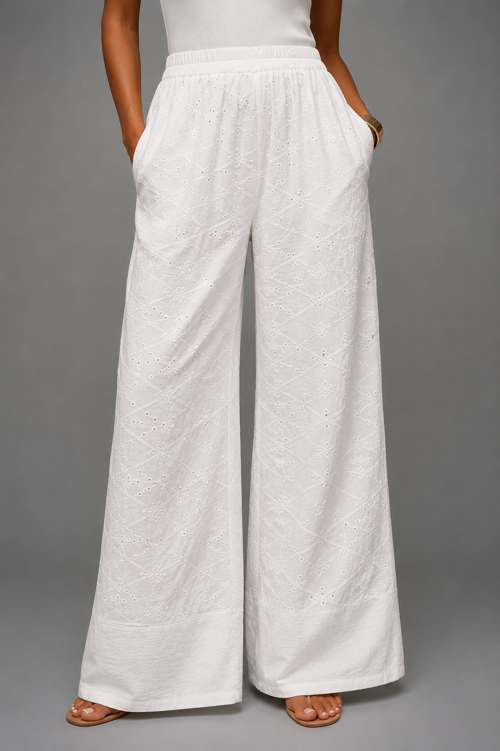 White Embroidered Pants
