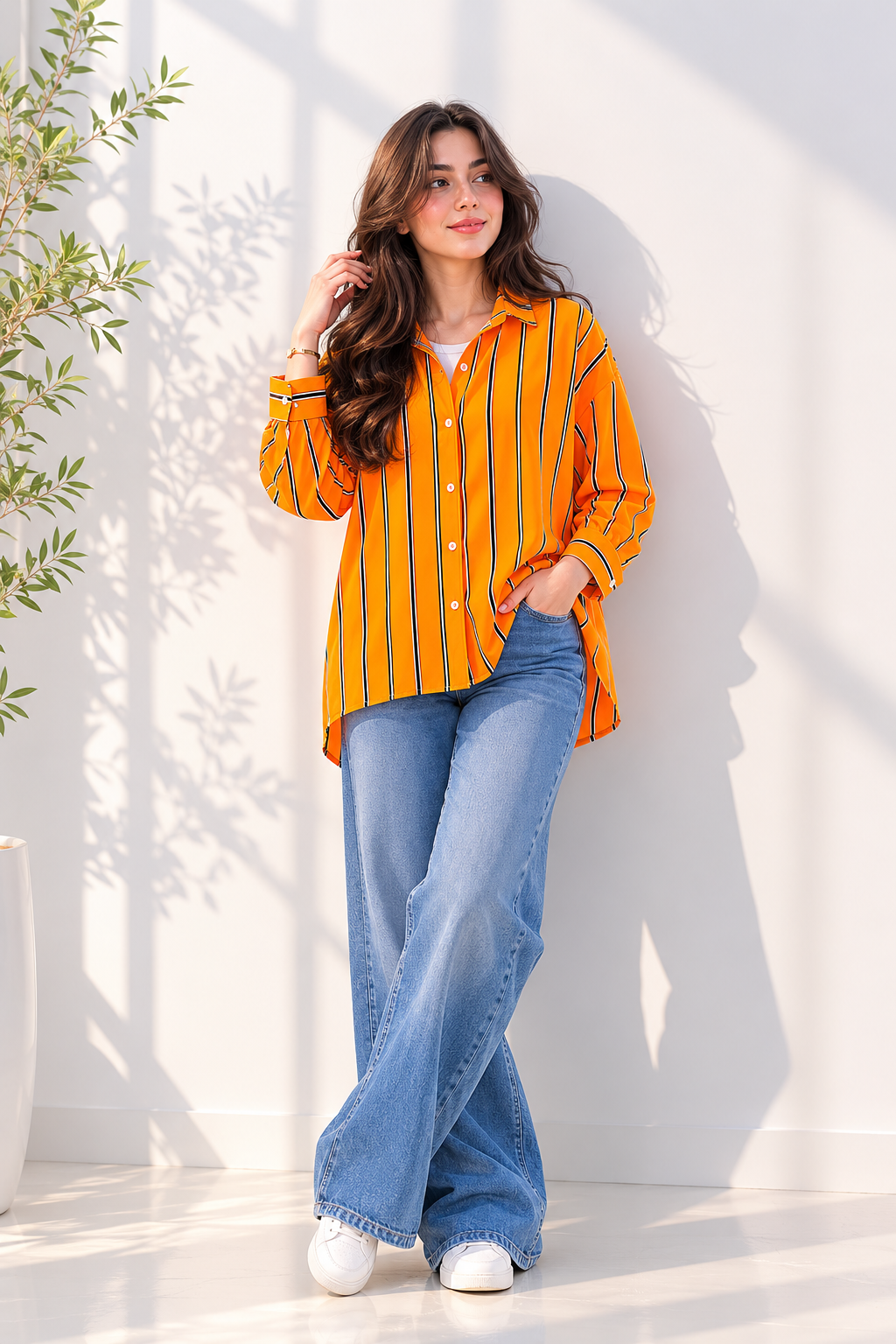 Orange Classic Striped Blouse