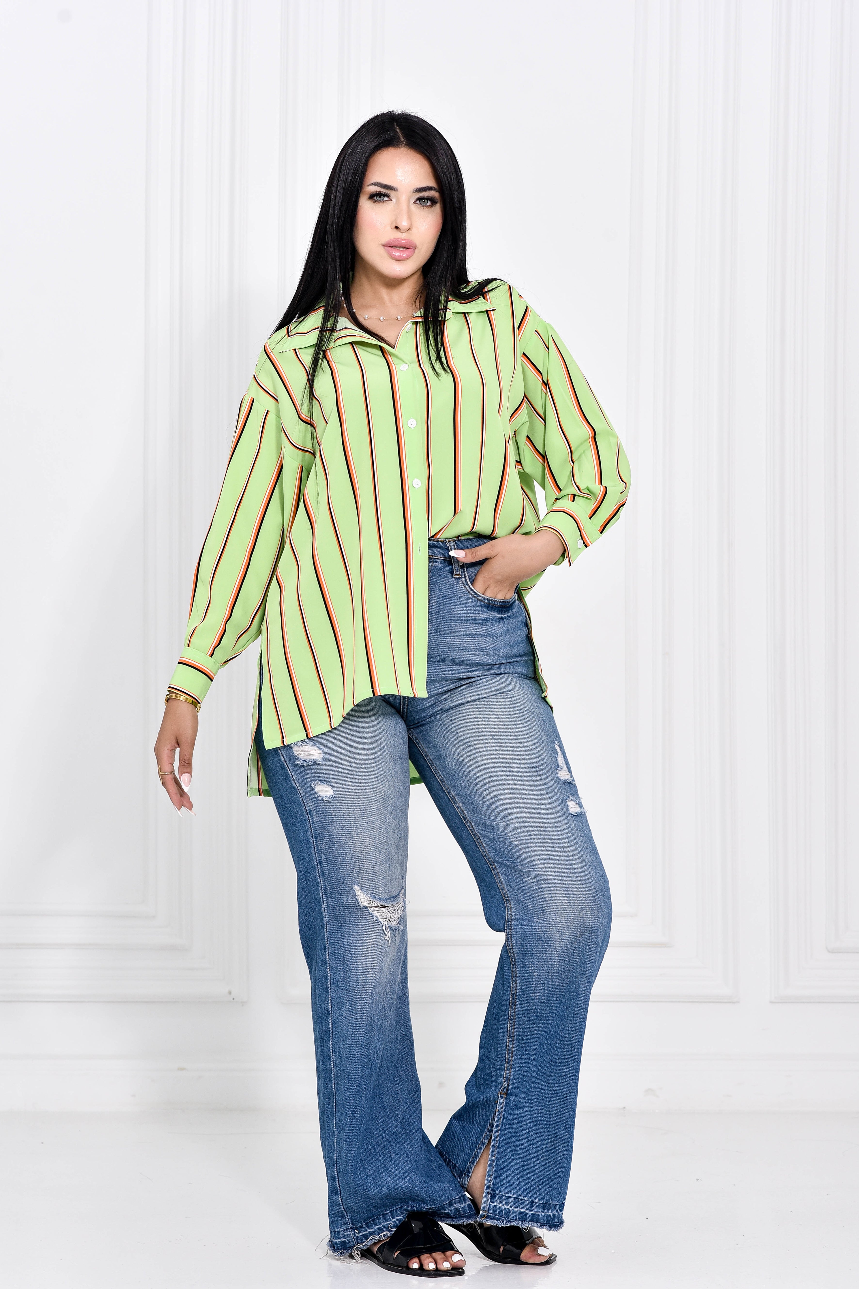 Light Green Classic Striped Blouse