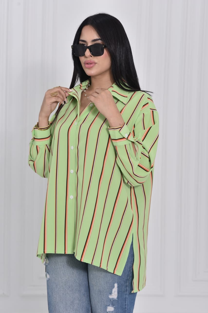 Light Green Classic Striped Blouse