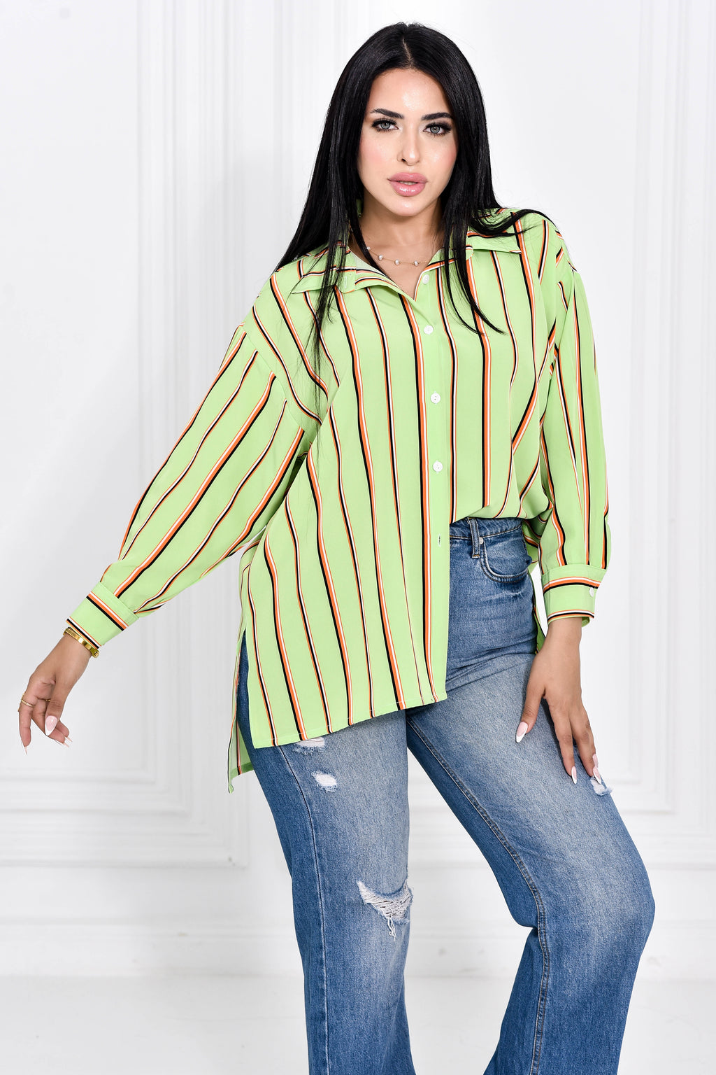 Light Green Classic Striped Blouse