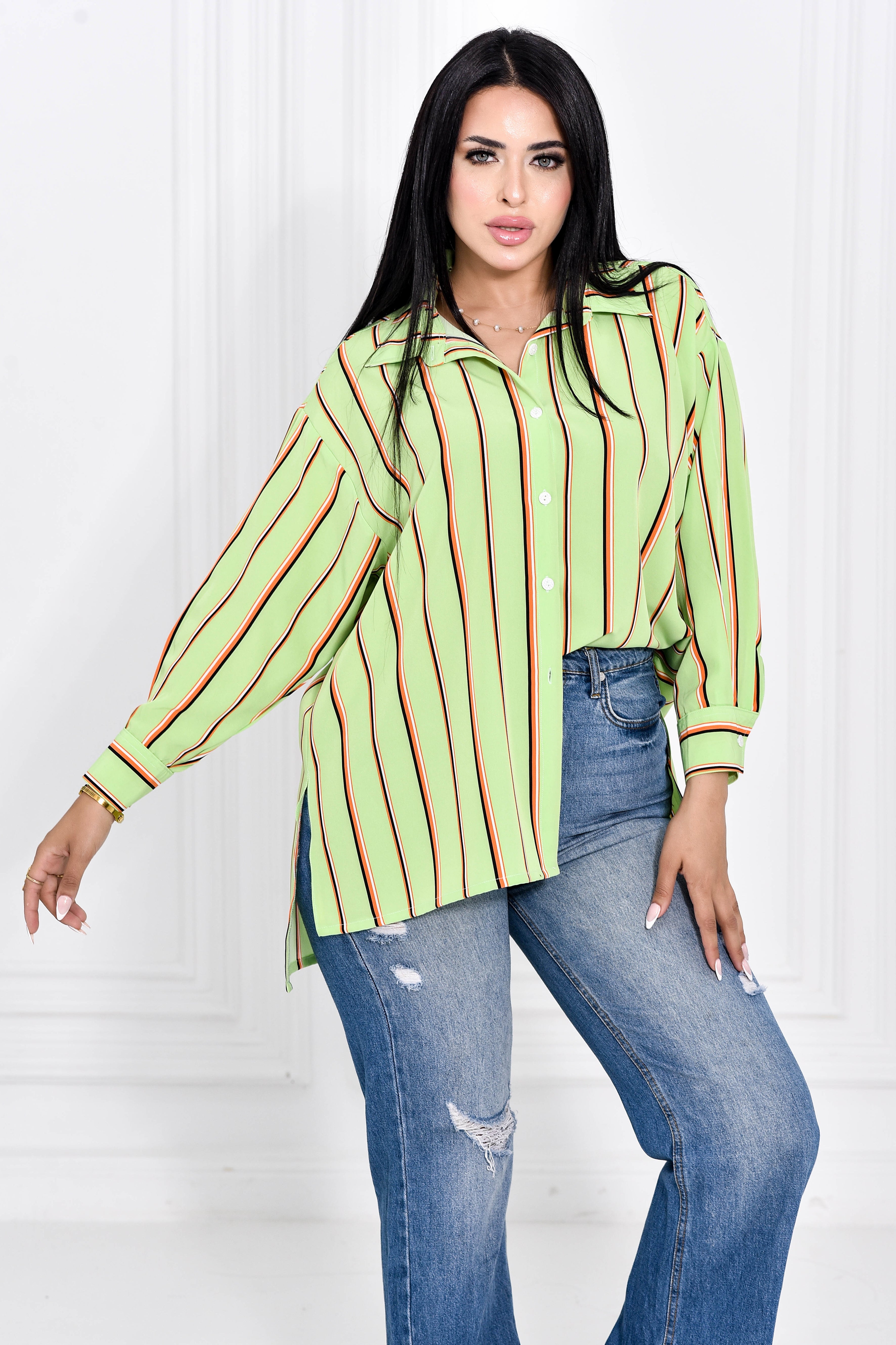 Light Green Classic Striped Blouse