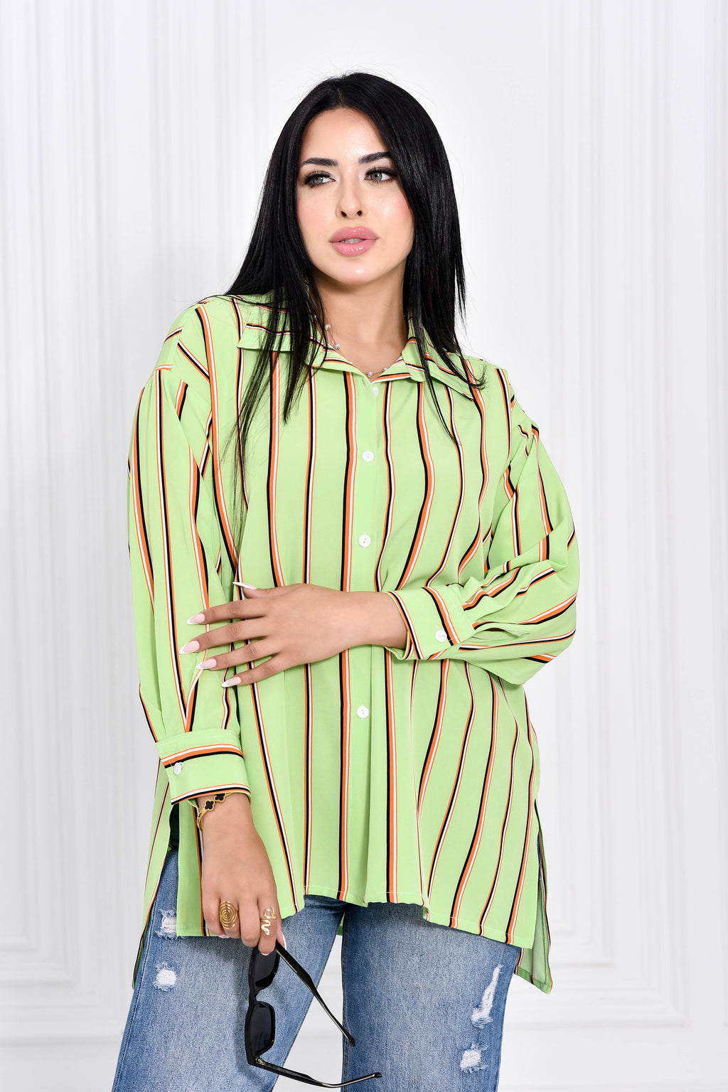 Light Green Classic Striped Blouse