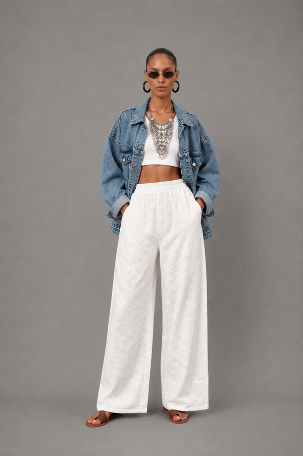 White Embroidered Pants