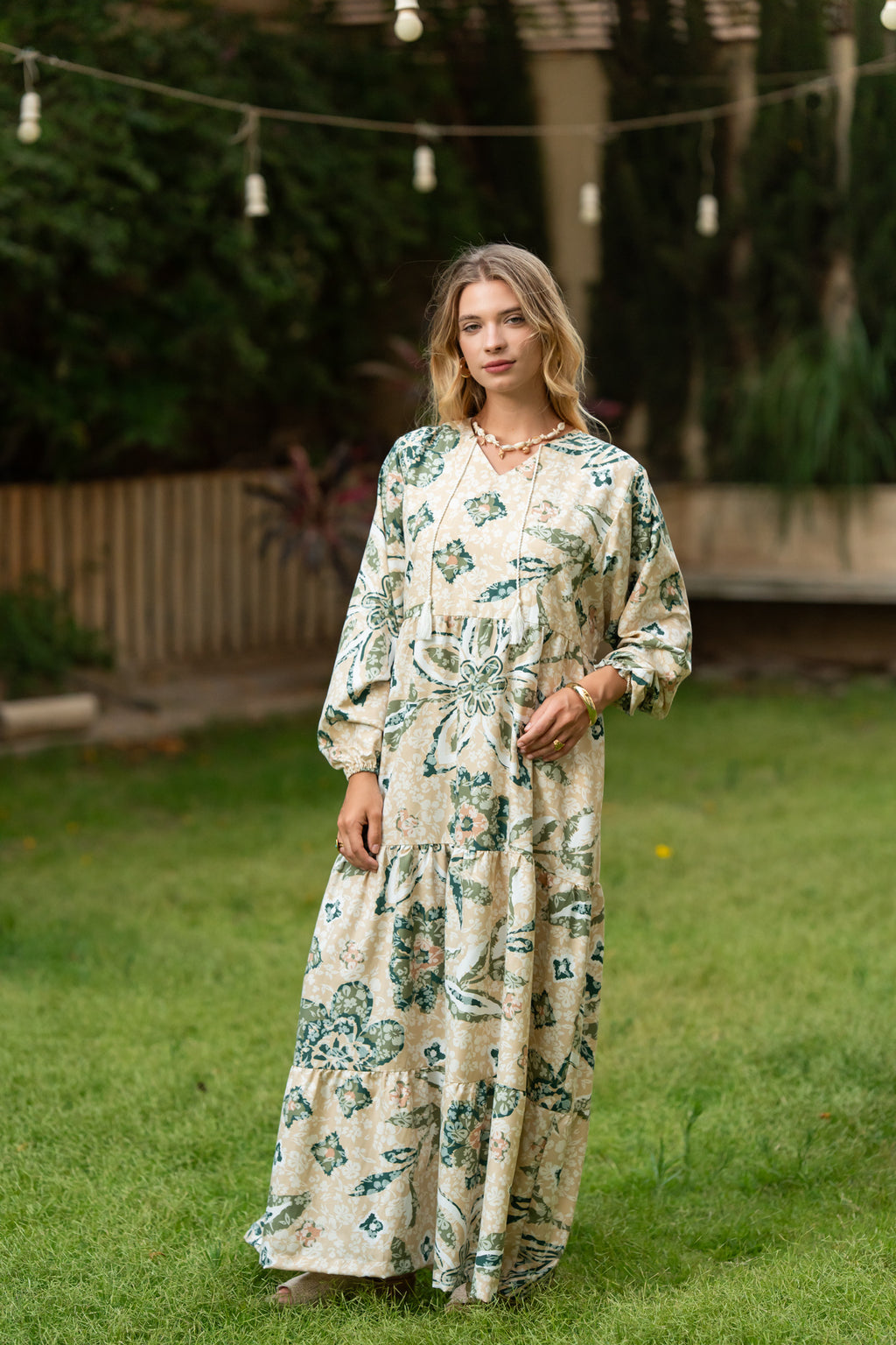 Beige × Green Printed Maxi Dress