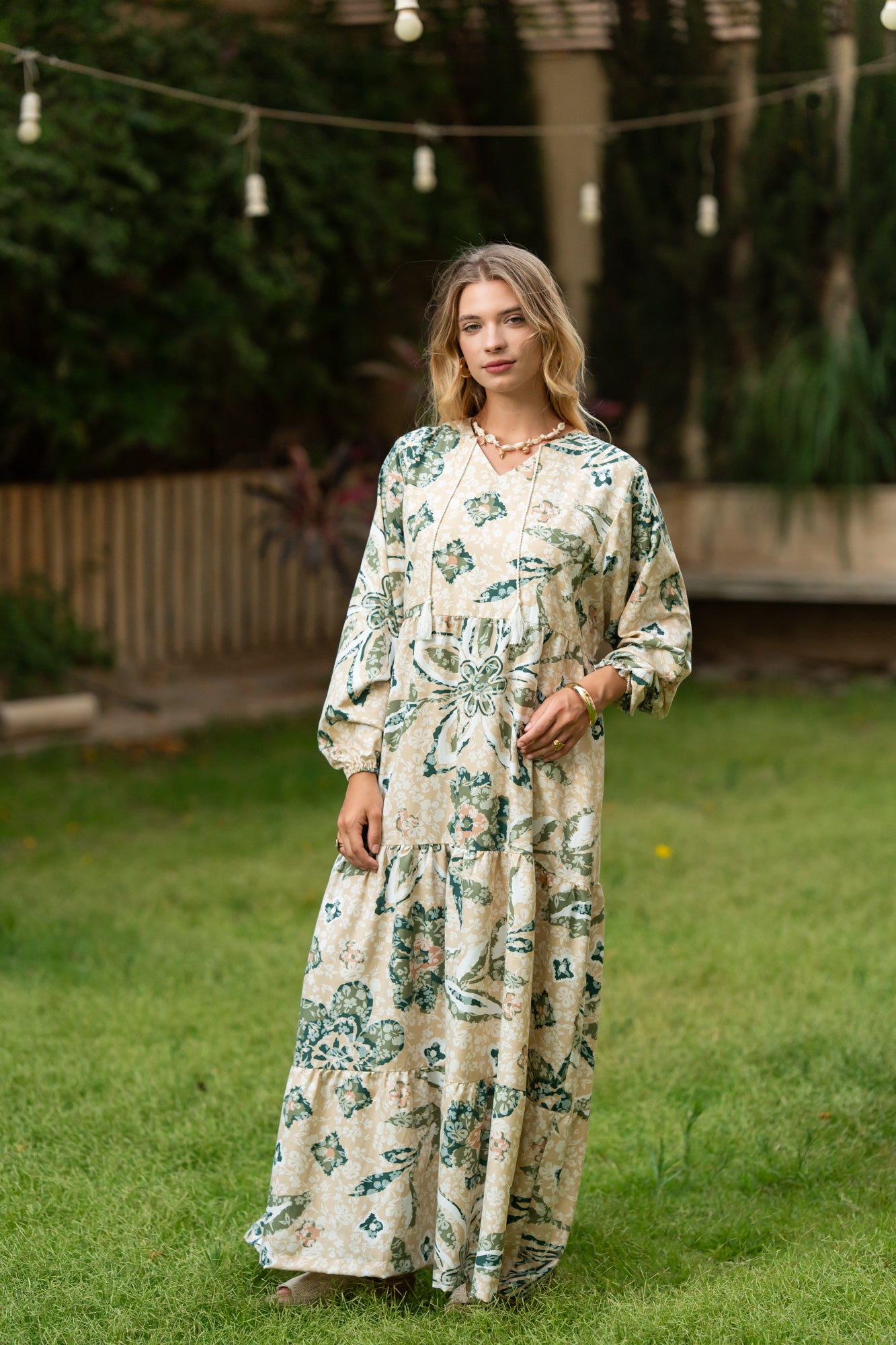 Beige × Green Printed Maxi Dress
