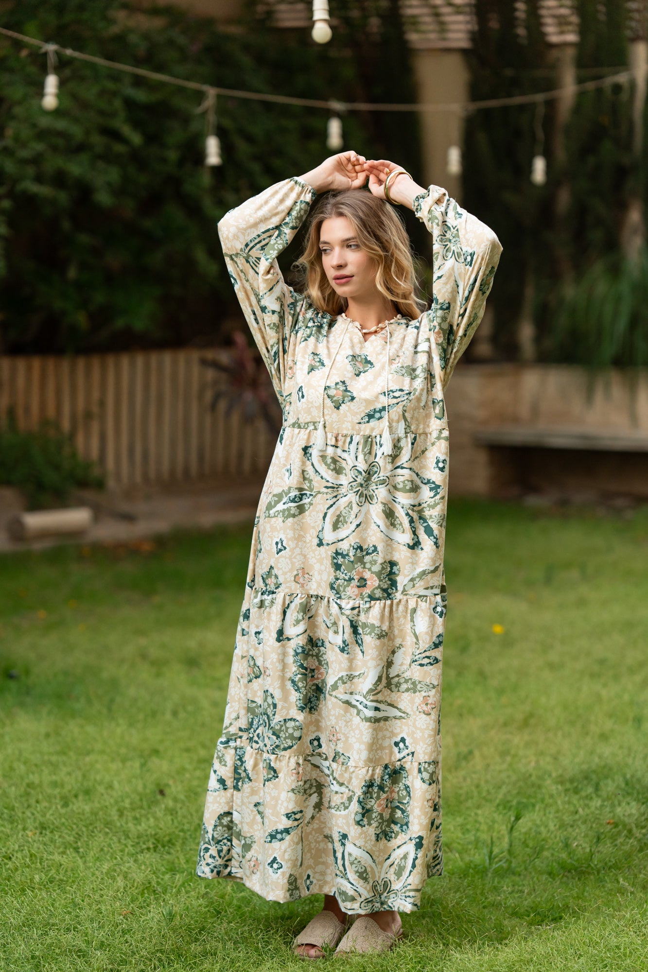 Beige × Green Printed Maxi Dress
