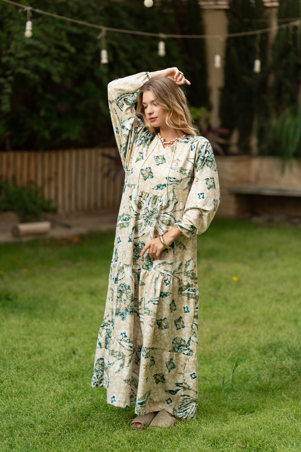Beige × Green Printed Maxi Dress