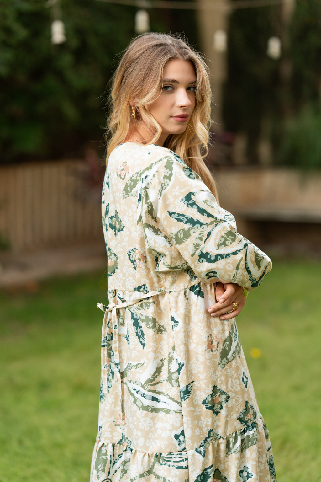 Beige × Green Printed Maxi Dress