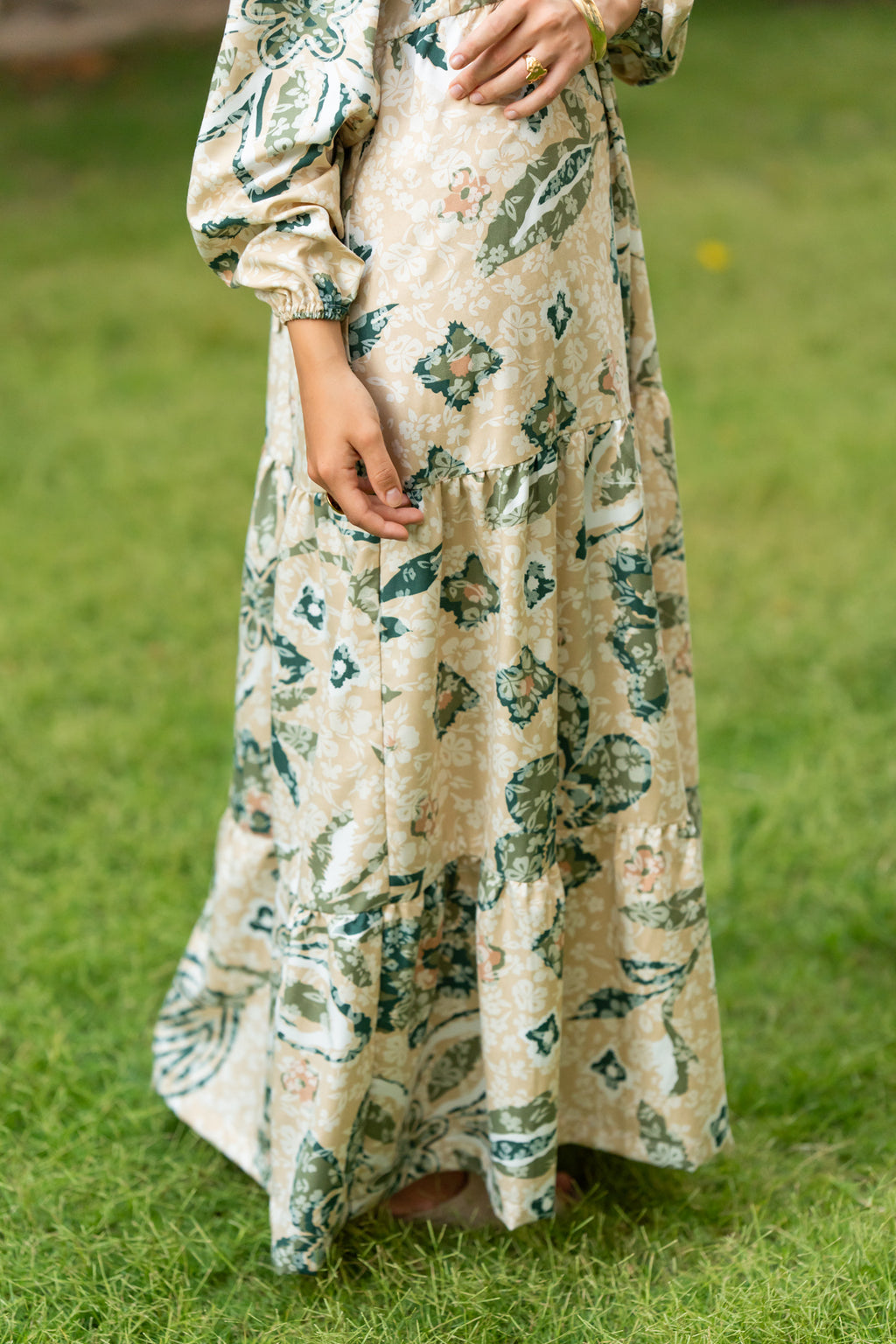 Beige × Green Printed Maxi Dress