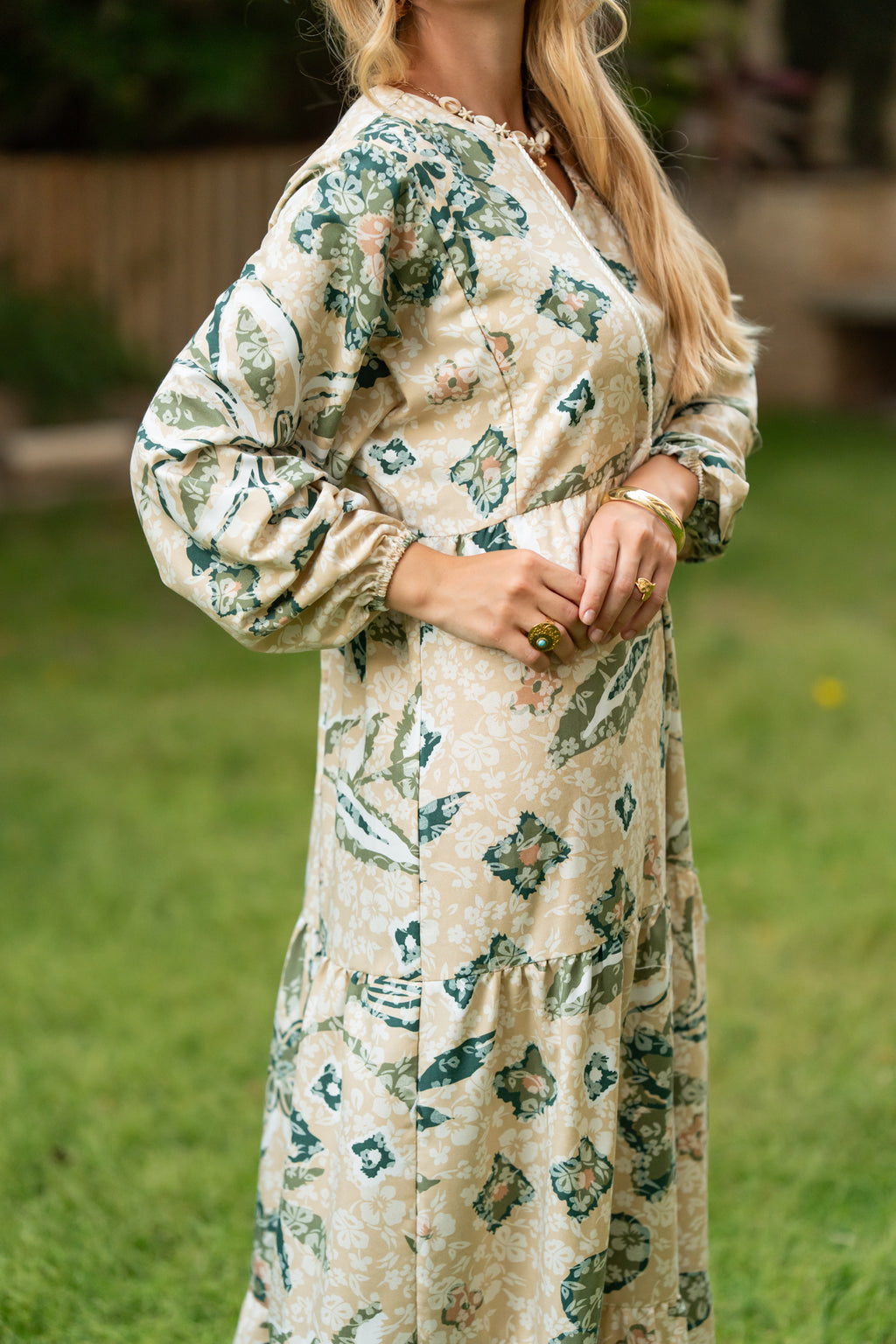 Beige × Green Printed Maxi Dress