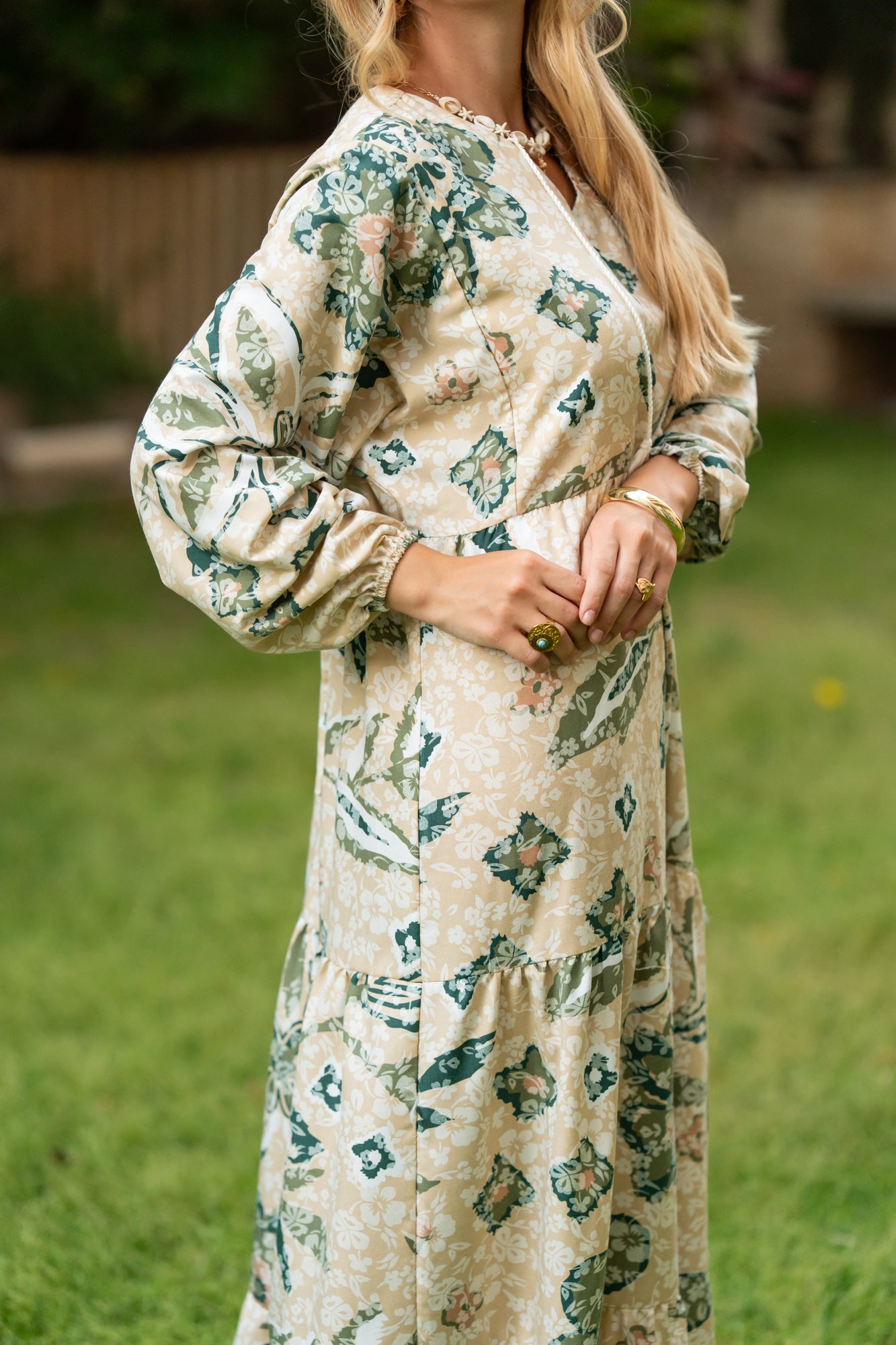 Beige × Green Printed Maxi Dress