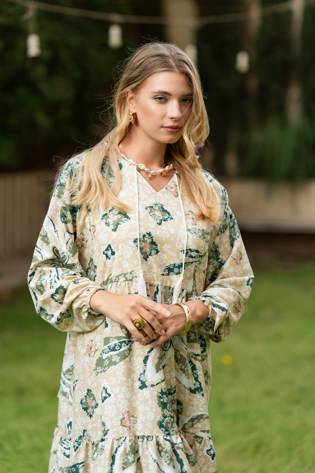 Beige × Green Printed Maxi Dress