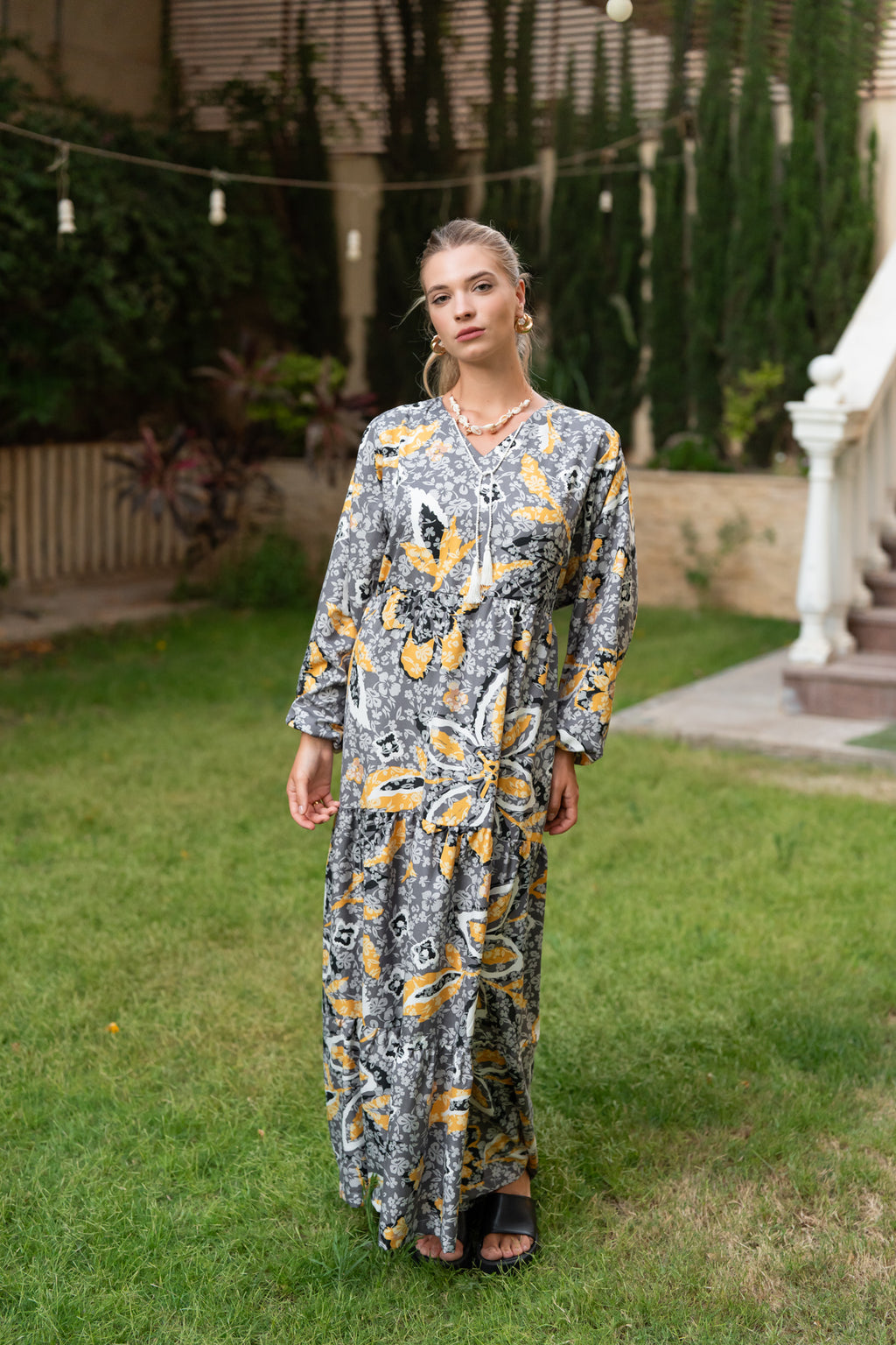 Grey & Mustard Printed Maxi Dress