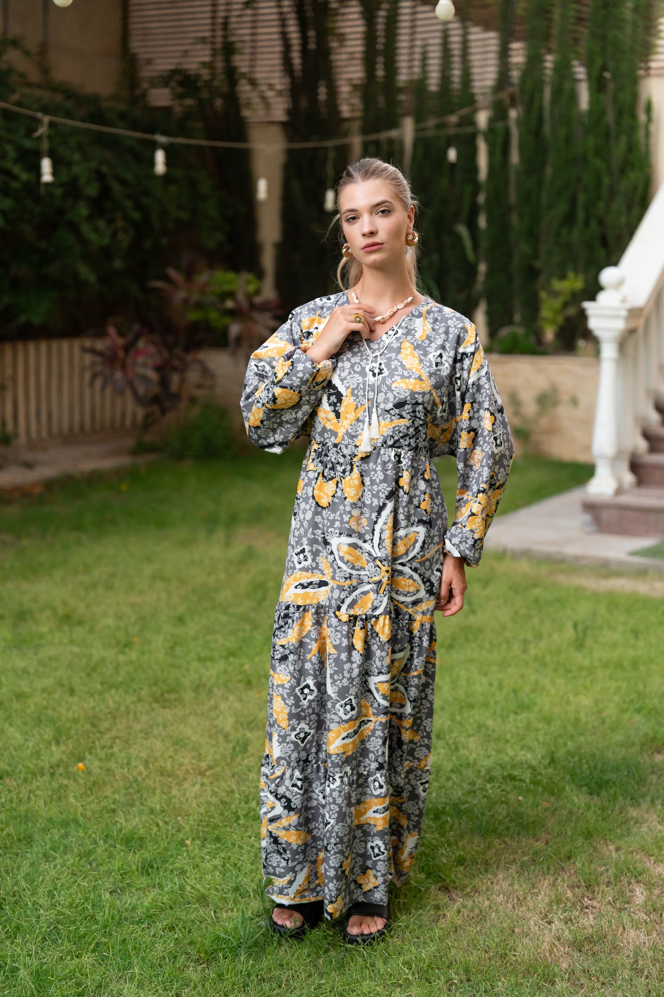 Grey & Mustard Printed Maxi Dress