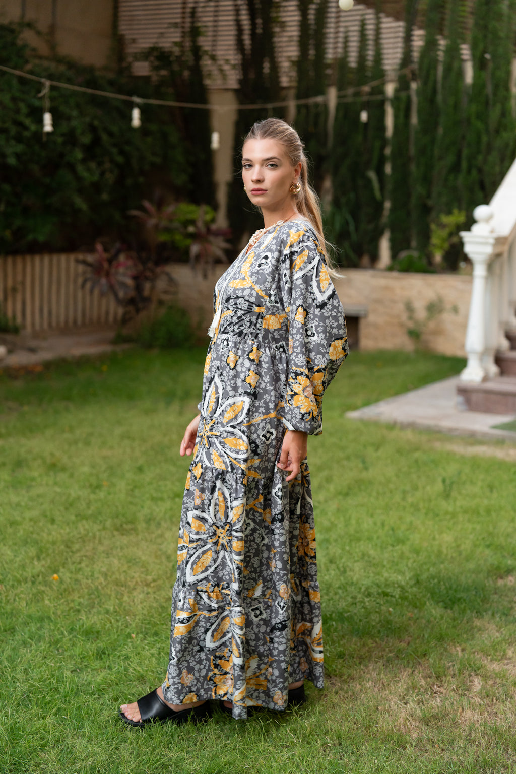 Grey & Mustard Printed Maxi Dress