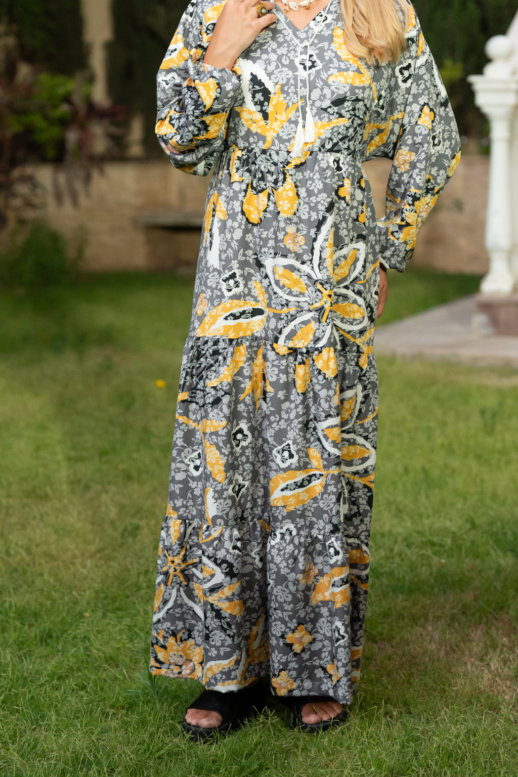 Grey & Mustard Printed Maxi Dress