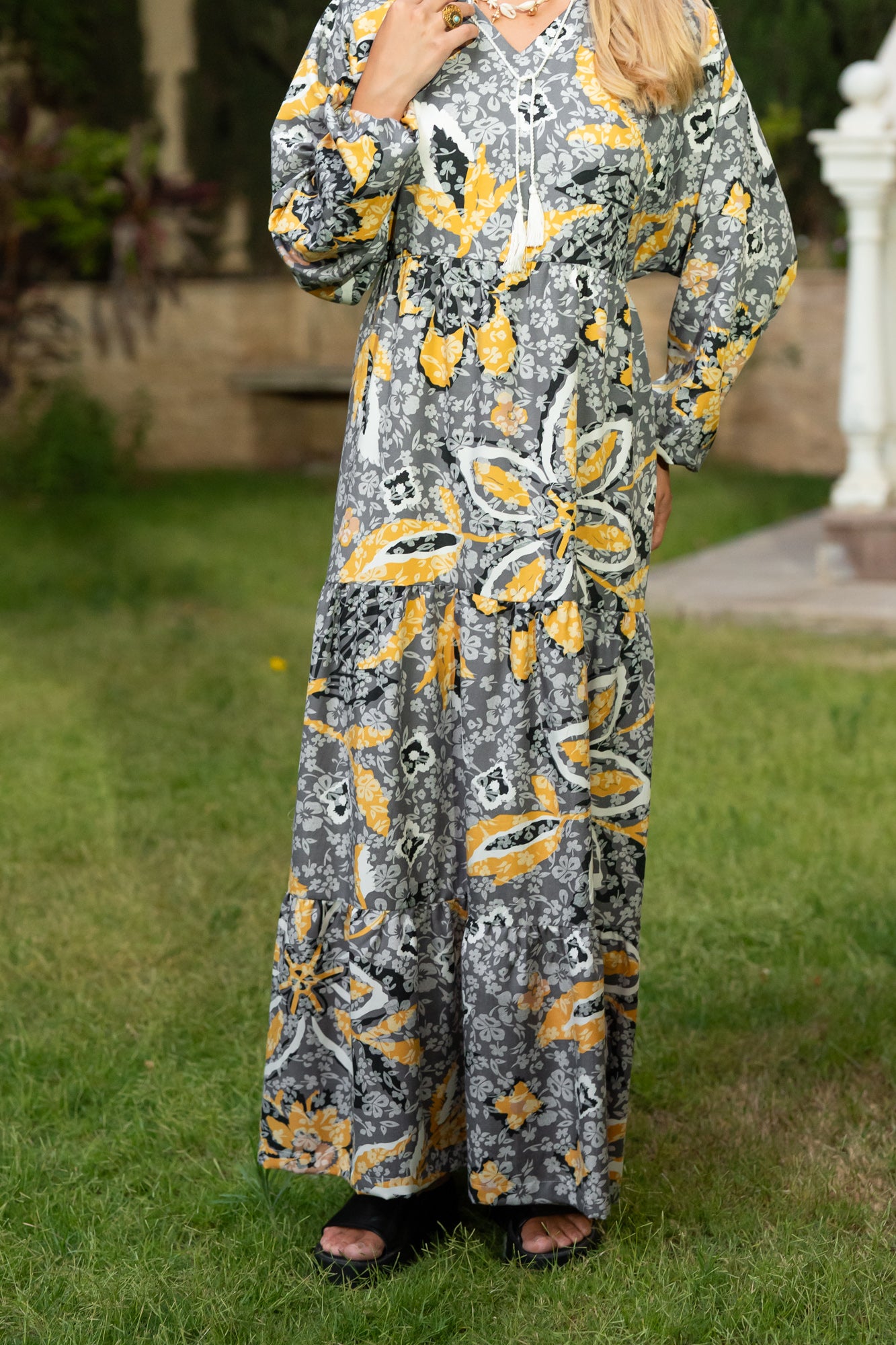 Grey & Mustard Printed Maxi Dress