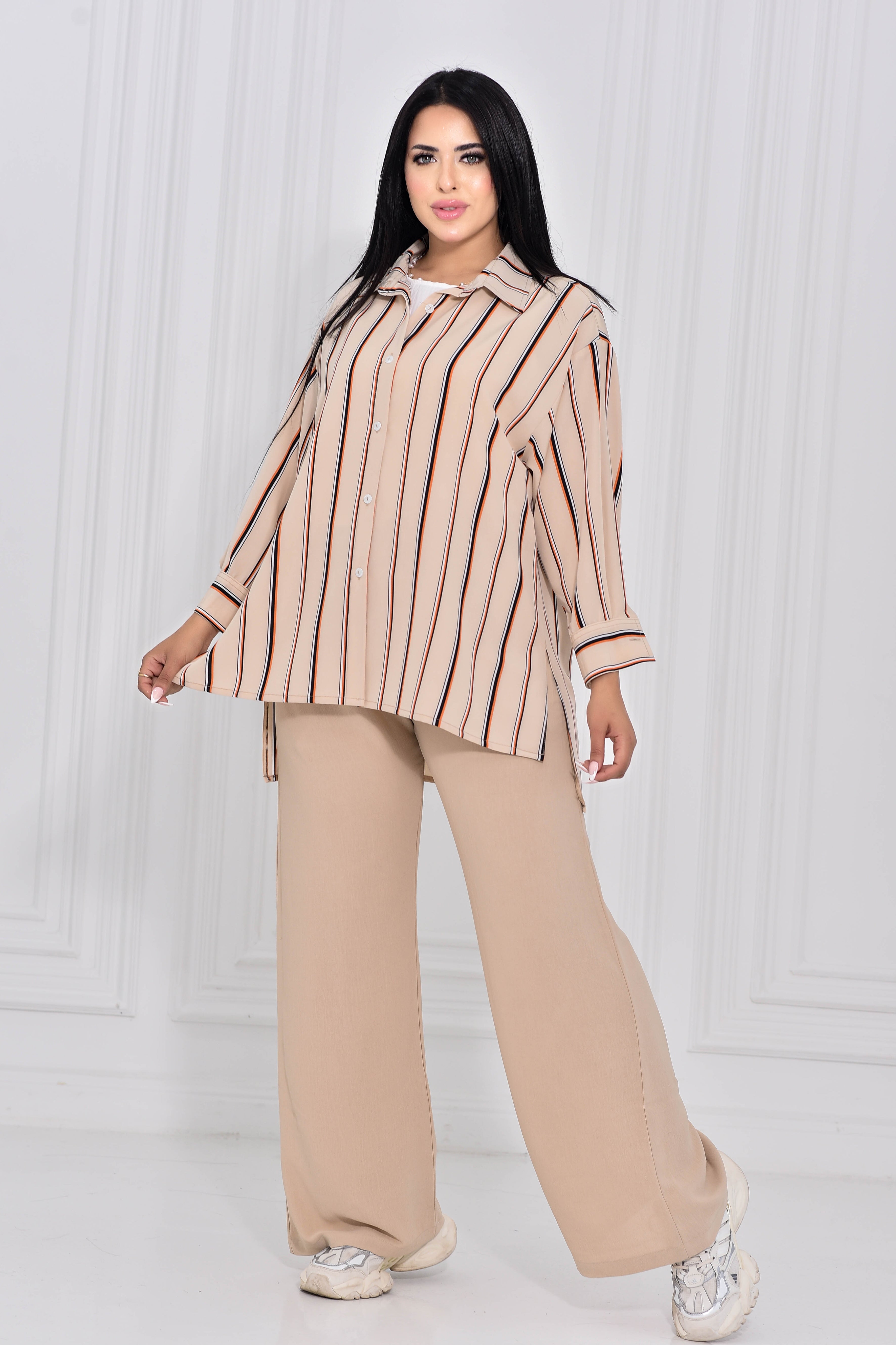 Beige Classic Striped Blouse